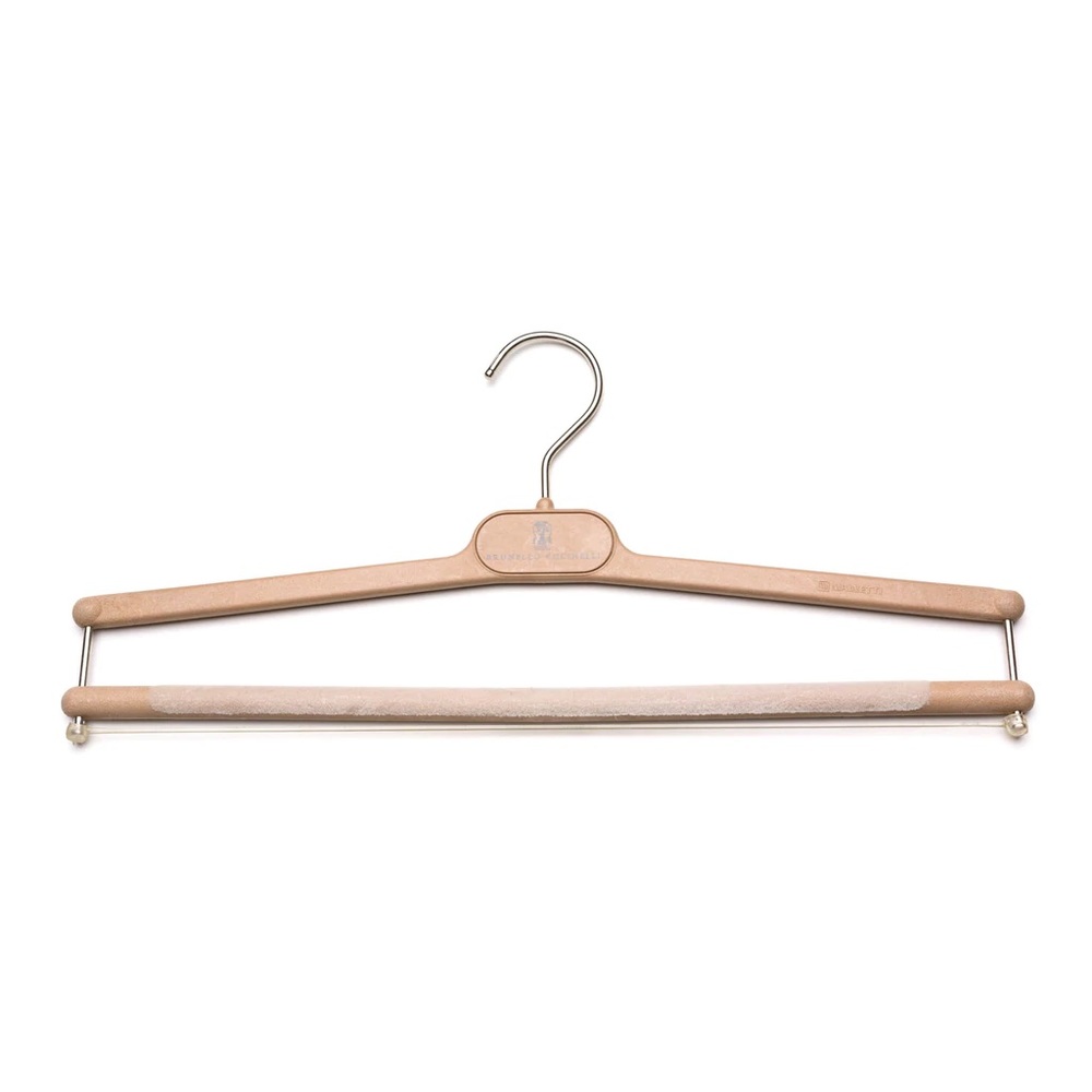 BRUNELLO CUCINELLI TAN PLASTIC WOOD LOOK PANTS HANGER FLOCKED BAR SET OF 5 .